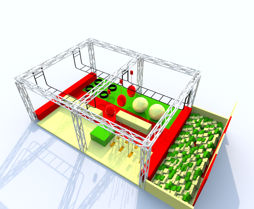 Rámová konstrukce vnitřního dětského hřiště s příslušenstvím, opičí háj, nindža dráha, měkké hrací "houby"-6